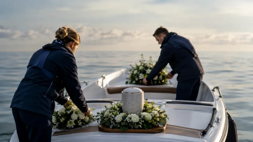 Burial at sea provider preparing a boat for an ocean memorial ceremony.
