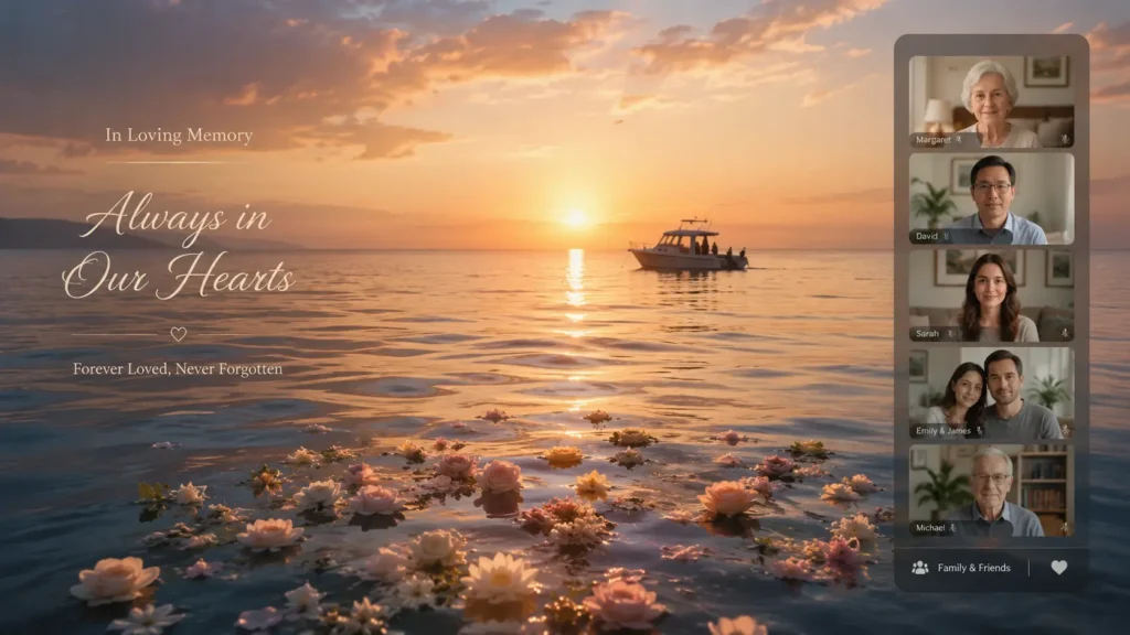 Virtual burial at sea ceremony with remote family members attending online