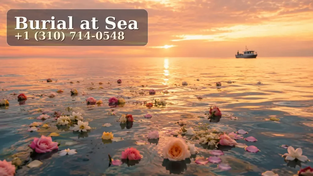 Alt Text:Flowers floating on the ocean after a virtual burial at sea ceremony. 